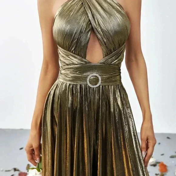 Bronze Women's Cross Wrap Front Backless Metallic Halter Wide Leg Jumpsuit - Picture 6 of 6